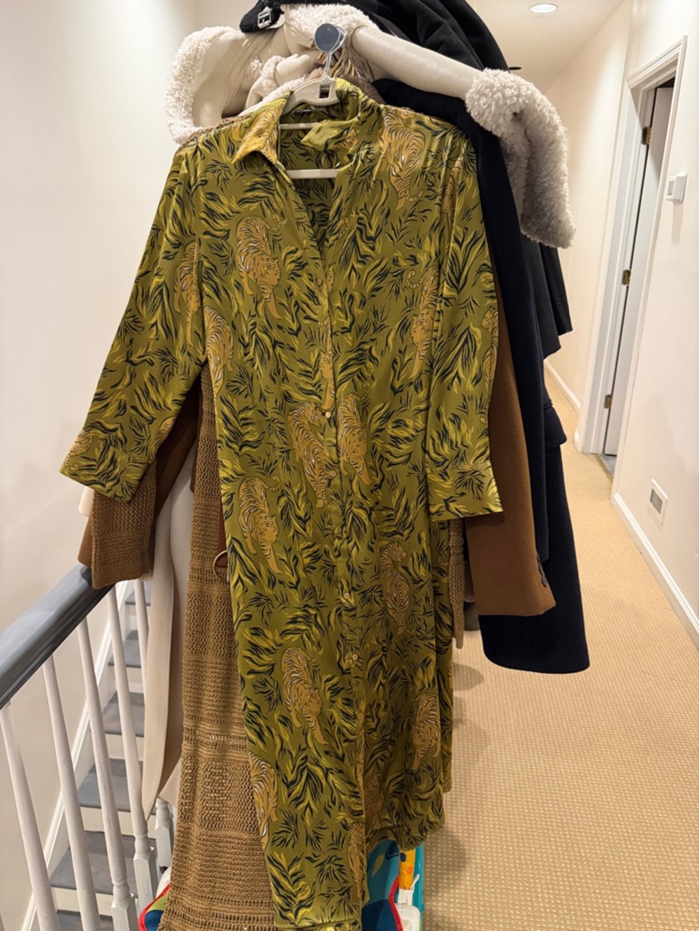 Zara Olive Green Printed Maxi Shirt Dress